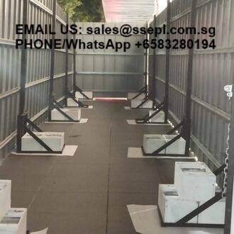 Industrial aisle with beehive boxes on stands; contact email and phone number overlaid: sales@ssec... and +6583280194 written on top.
