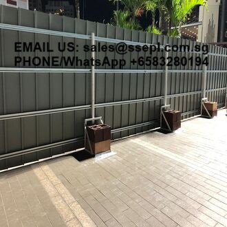 Fence along a paved walkway with four planters and overlaid contact text: 'EMAIL US: sales@sspl.com.sg' and 'PHONE/WhatsApp +65 8328 0194'.