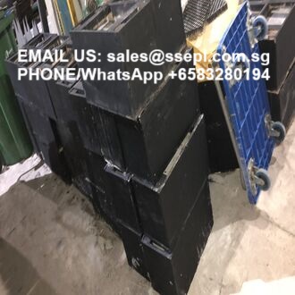 Stack of black storage boxes beside a blue cart in a warehouse; white overlay text shows contact email sales@ssep.com.sg and WhatsApp/phone +65 83280194 for sales inquiries.