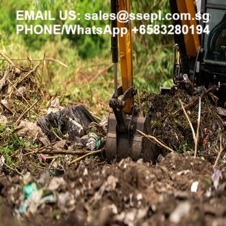 Excavator digging in a muddy construction site with scattered debris; white overlay text at the top shows a contact email and a phone/WhatsApp number.