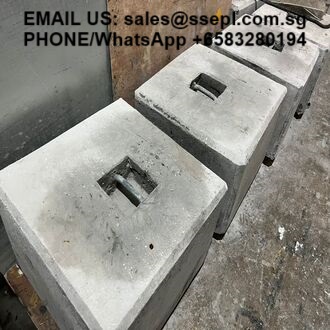 Three gray concrete blocks with rectangular metal slots on top, arranged in a row; overlay text shows contact email and phone number.