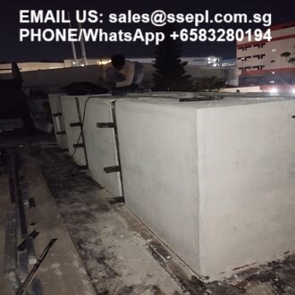 Rooftop scene at night with large concrete water tanks and a person nearby; text at top shows sales email and WhatsApp number.