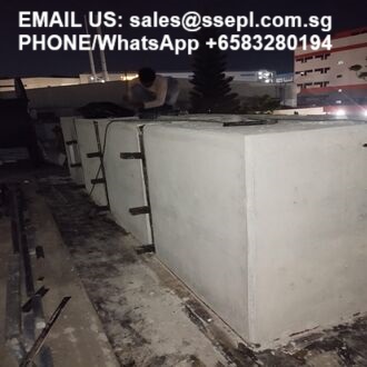 Night rooftop scene with several large white concrete utility boxes; a person is leaning over one unit, working or inspecting it, while white contact text appears at the top of the image showing an email and phone number.