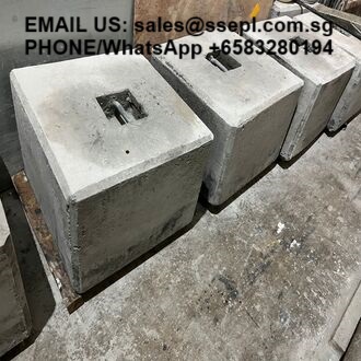 Row of gray concrete blocks with metal lifting slots, arranged on a dirty workshop floor; overlaid sales contact text is visible across the top.